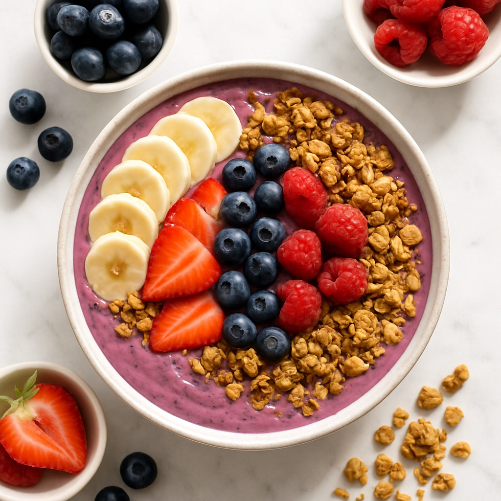 Mixed Berry Smoothie Bowl with Granola and Fresh Fruit Toppings