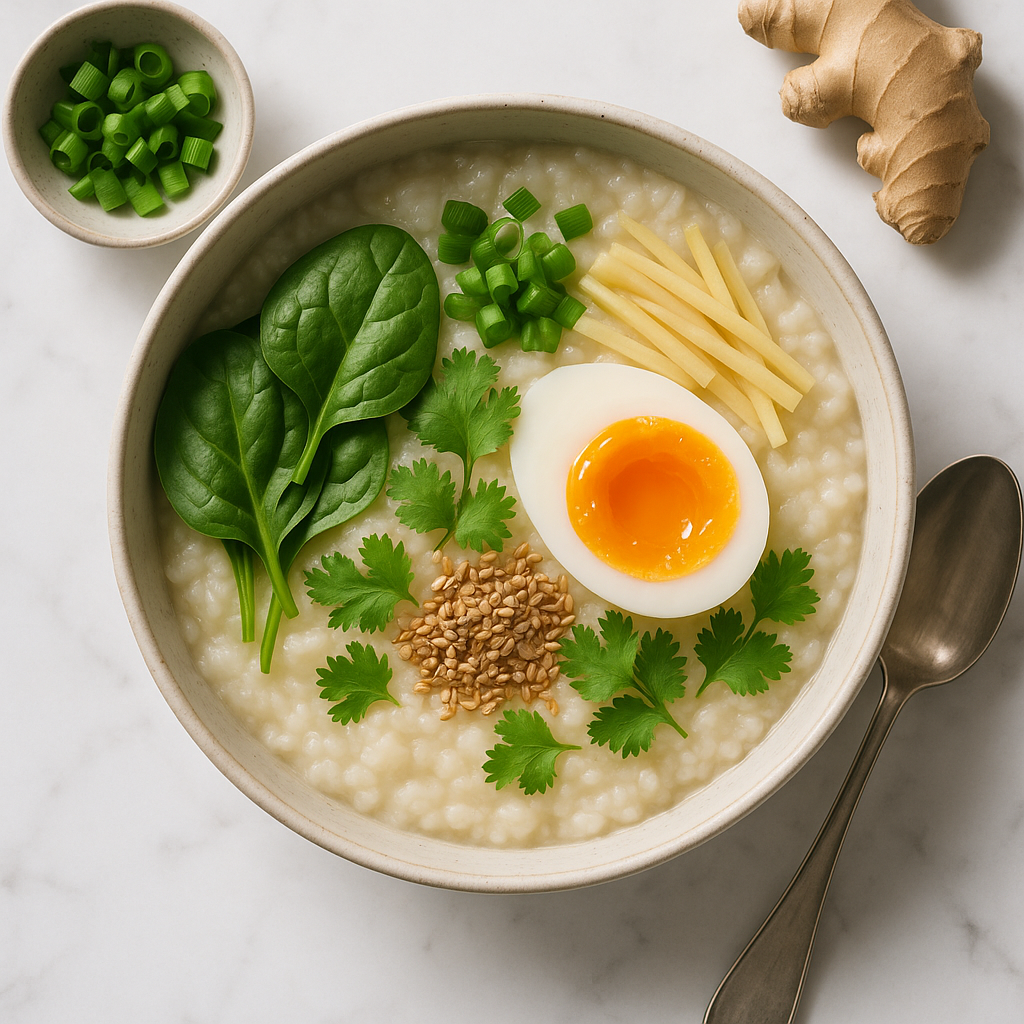 Nourishing Congee Breakfast Bowl with Soft Boiled Egg and Ginger