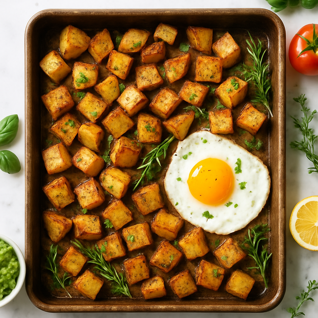 Crispy Oven Roasted Breakfast Potatoes on Sheet Pan with Herbs and Egg