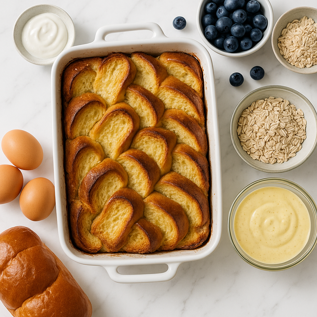 Overnight Baked French Toast Casserole with Brioche and Vanilla Protein Custard