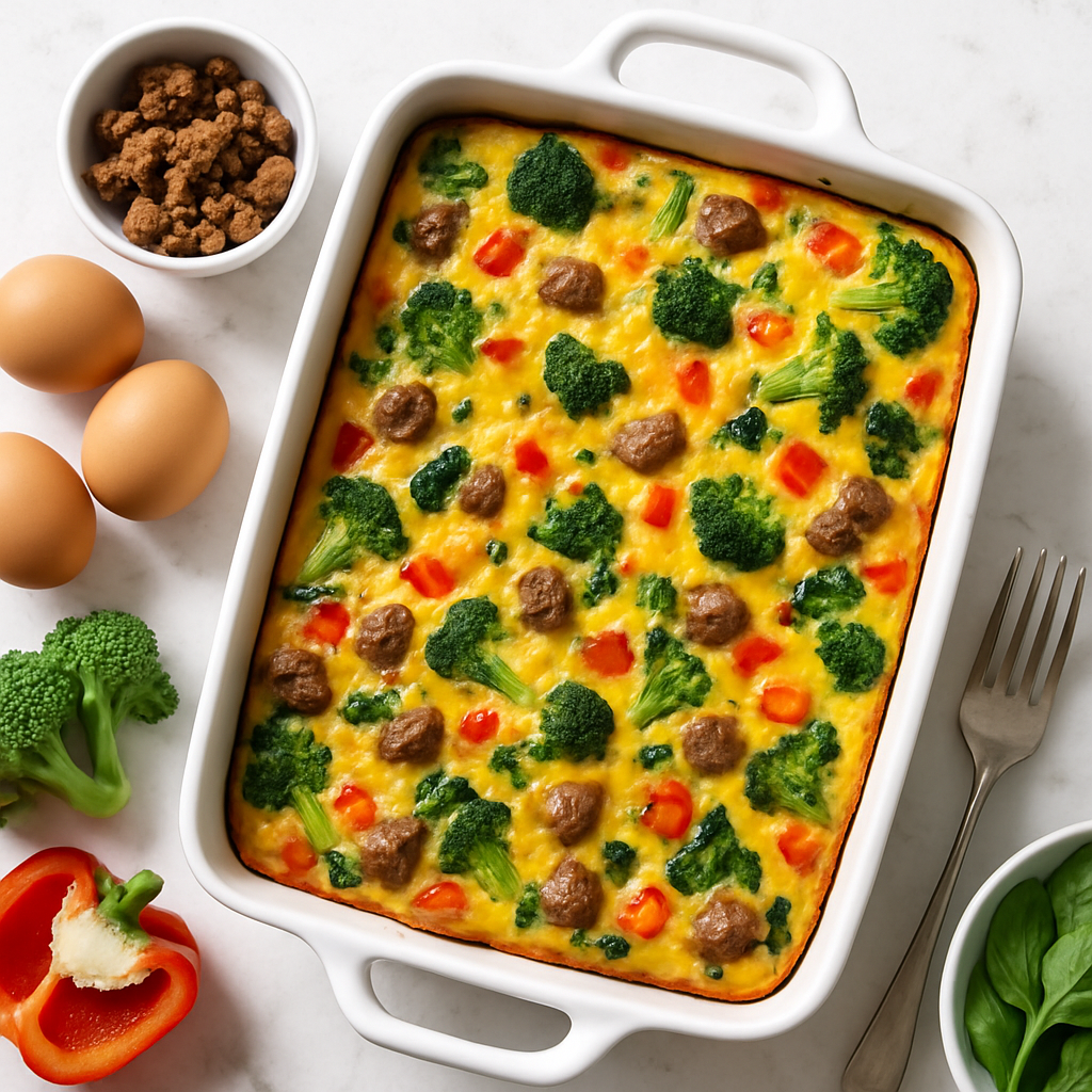 Overnight Egg and Cheese Breakfast Casserole Make Ahead with Turkey Sausage and Veggies