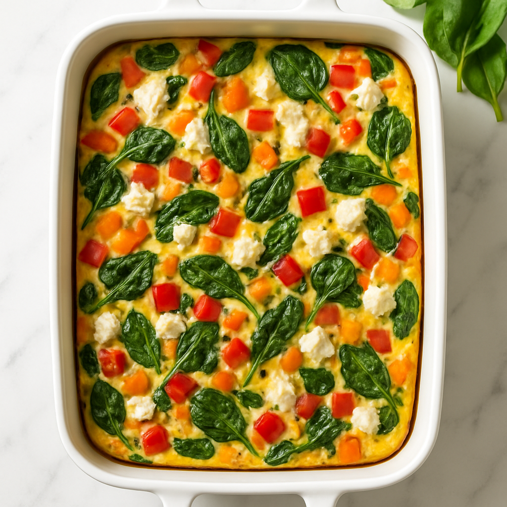 Overnight Egg and Vegetable Breakfast Casserole with Spinach, Peppers and Feta