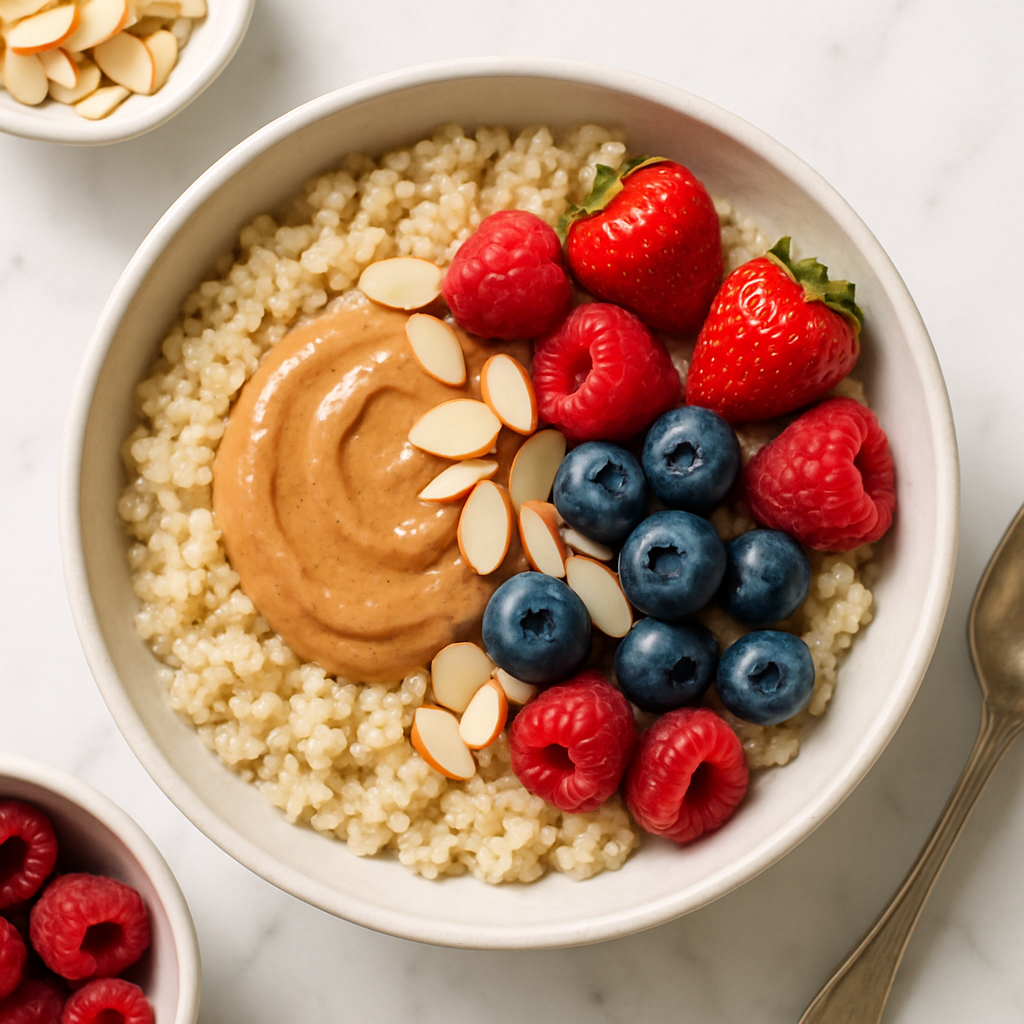 Overnight Quinoa Breakfast Bowl with Almond Butter and Berries