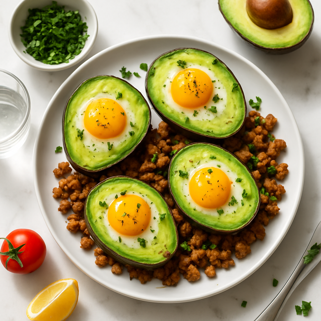 Paleo Avocado Baked Eggs High Protein Breakfast with Spiced Turkey and Herbs