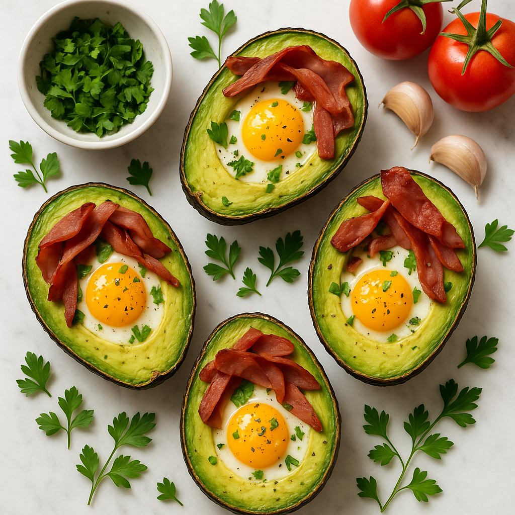 Paleo Baked Eggs in Avocado Boats High Protein with Smoky Turkey and Herbs