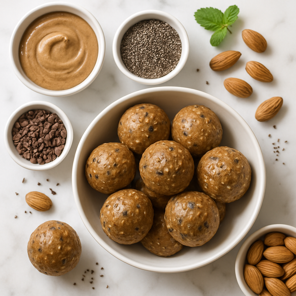 Paleo No Bake Almond Butter Breakfast Energy Balls with Chia and Cacao