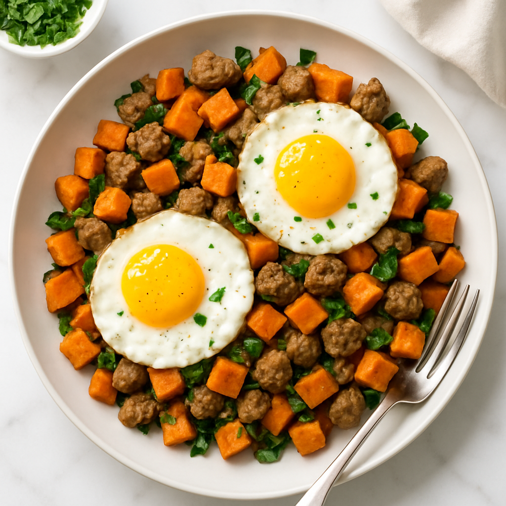 Paleo Sweet Potato Breakfast Hash with Eggs and Turkey Sausage