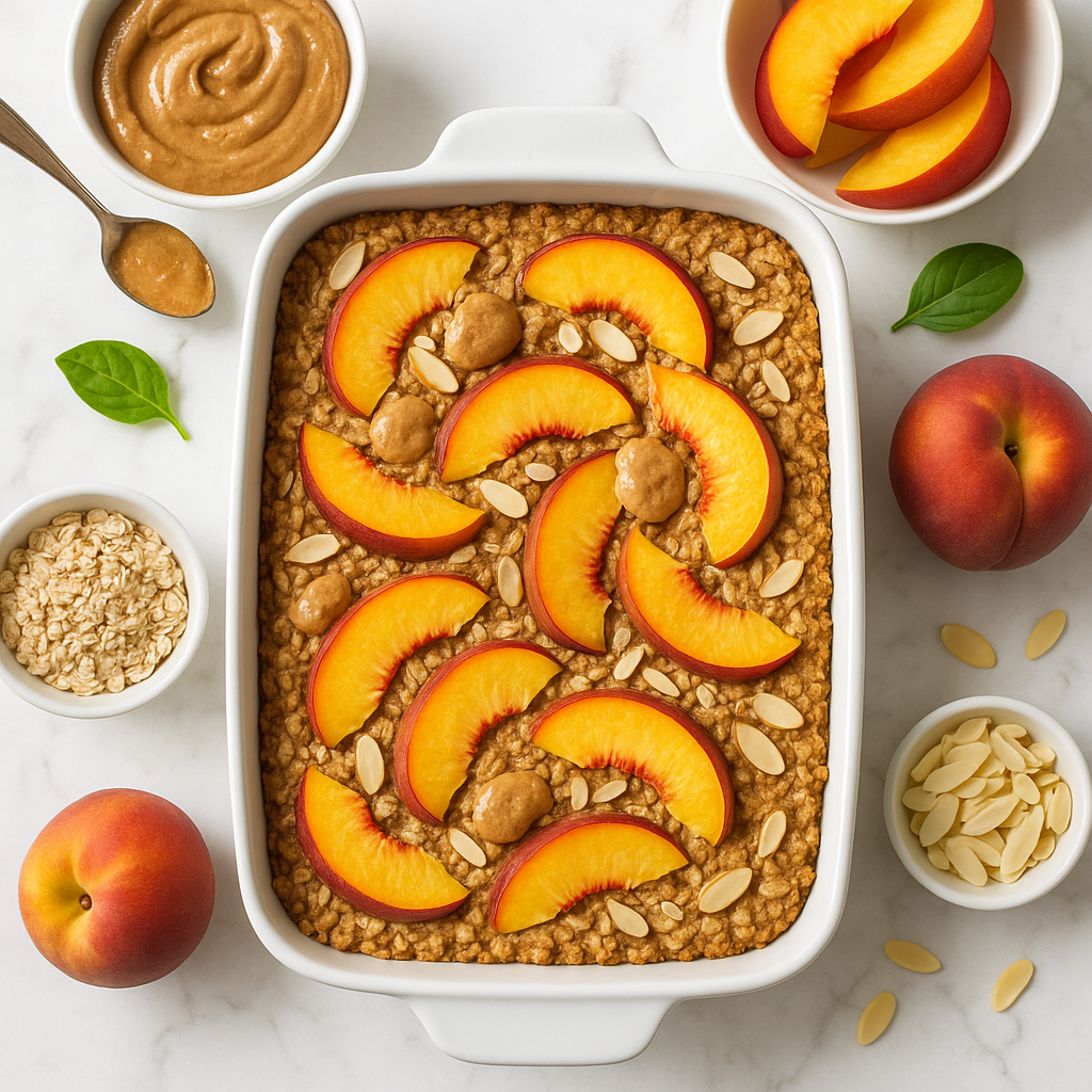 Peach Almond Butter Baked Oatmeal (Gluten Free, High Protein)
