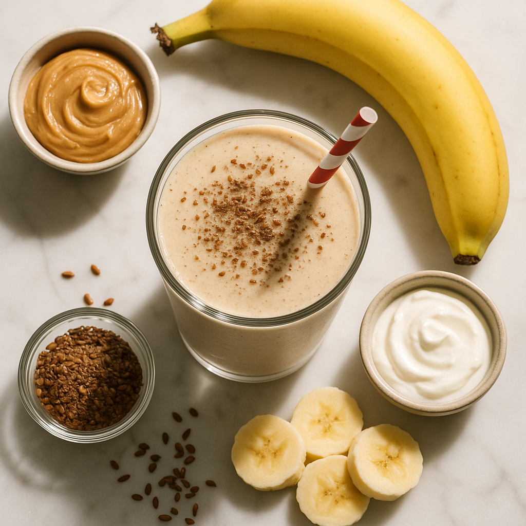 Peanut Butter Banana Smoothie High Protein Low Calorie with Greek Yogurt and Flaxseed