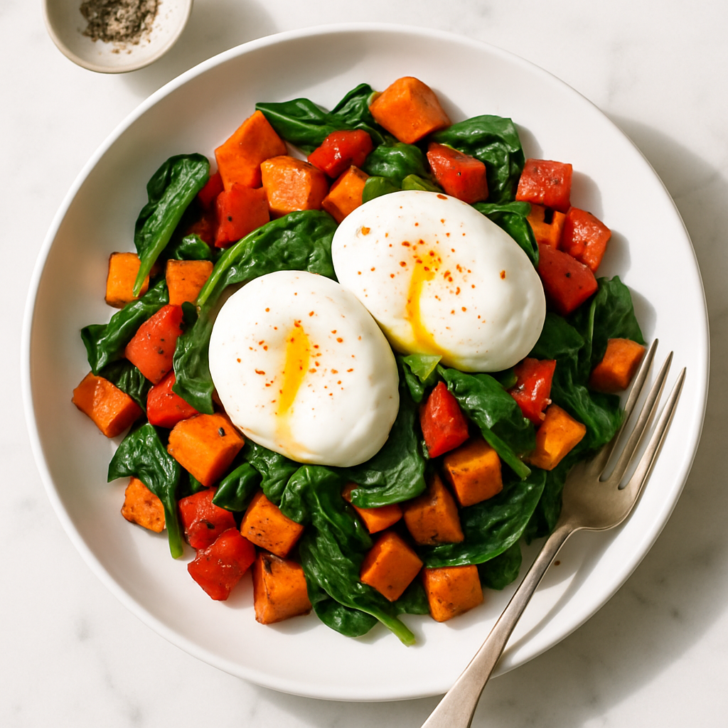 Poached Eggs on Sweet Potato Hash Dairy Free with Smoky Peppers and Spinach
