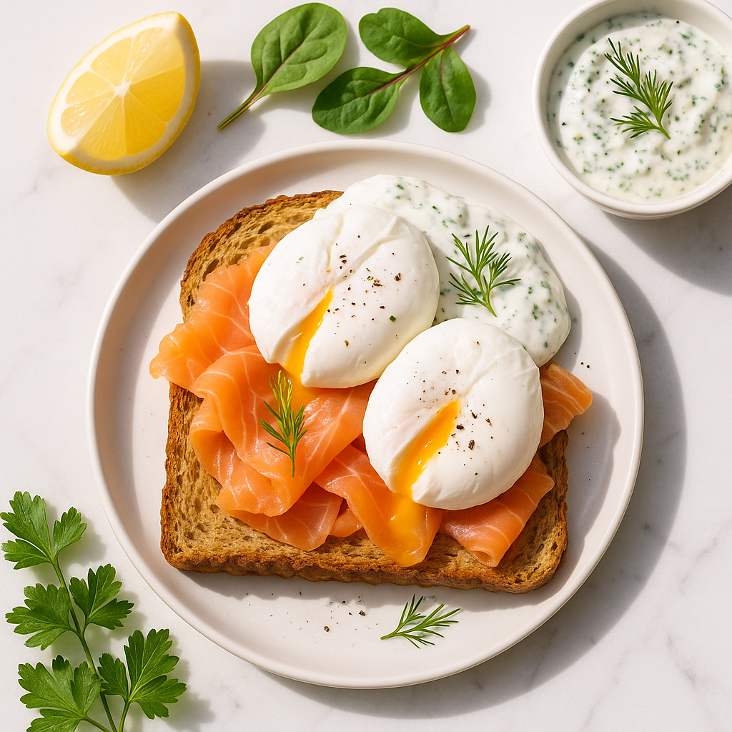 Poached Eggs on Whole Grain Toast with Smoked Salmon and Herbed Greek Yogurt