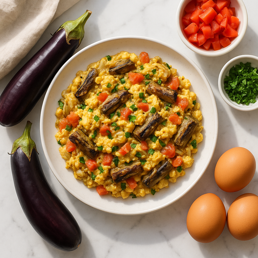 High Protein Poqui Poqui Recipe with Roasted Eggplant and Eggs