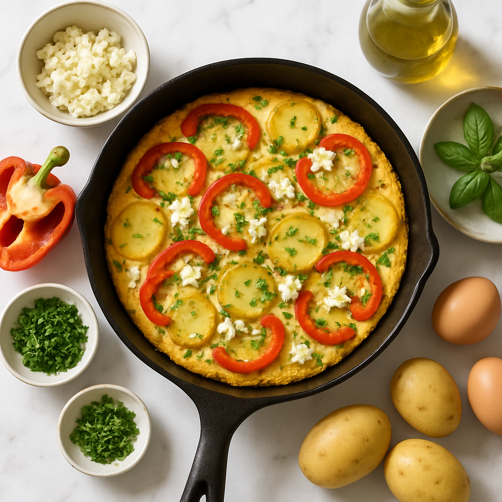 Potato and Red Pepper Frittata Italian Style with Herbs and Feta