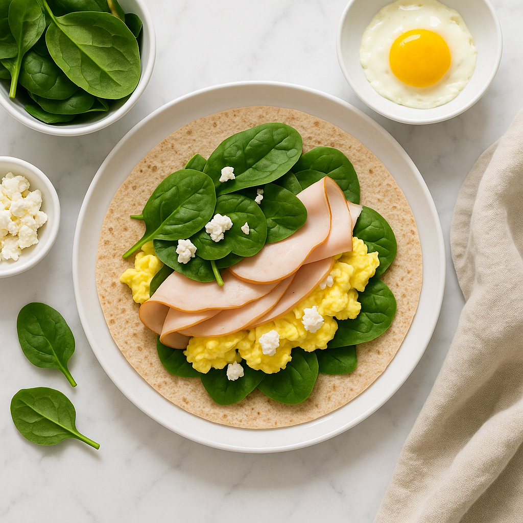 Quick High Protein Egg and Turkey Wrap with Spinach and Feta