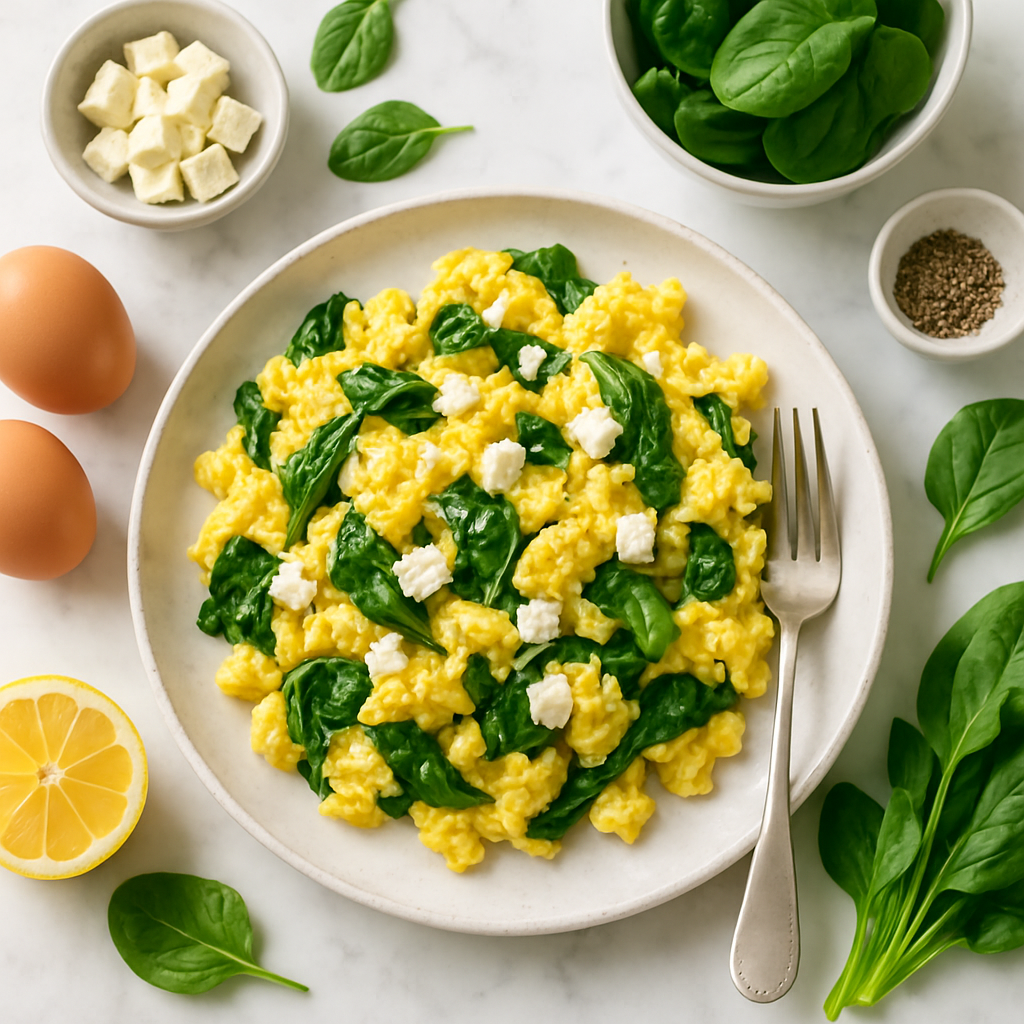Quick Scrambled Eggs with Spinach and Feta (High Protein, 10 Minutes)