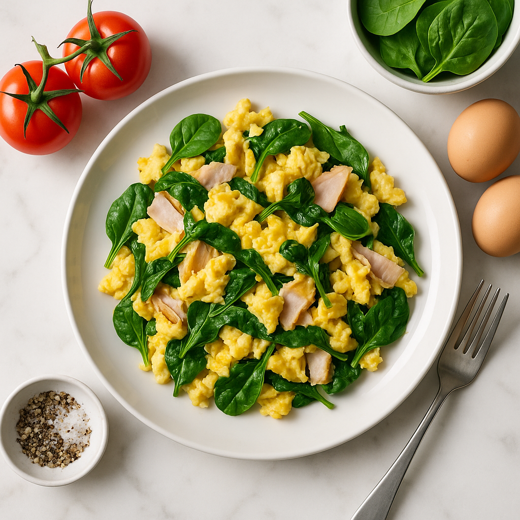 Quick Scrambled Eggs with Turkey and Spinach