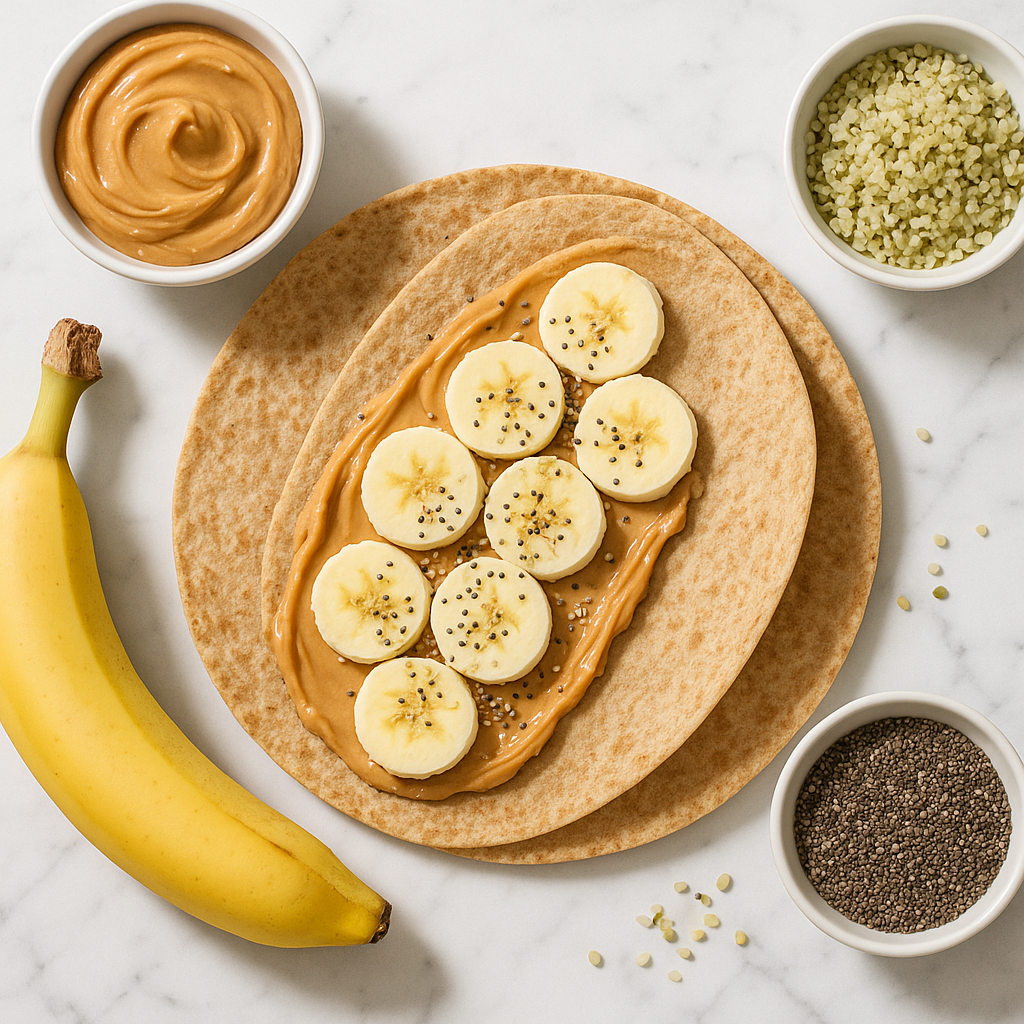 Quick Whole Wheat Peanut Butter Banana Wrap with Chia and Hemp Seeds