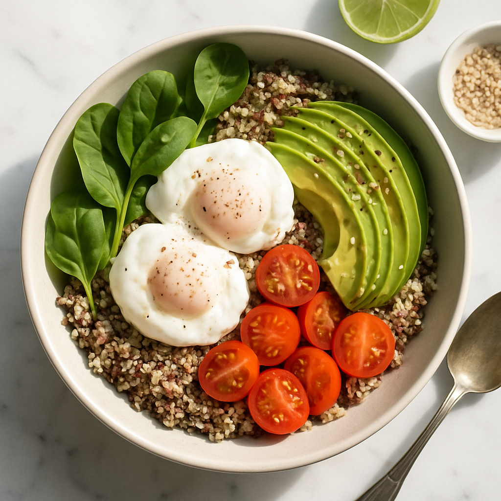 Quinoa Breakfast Bowl with Poached Eggs and Avocado