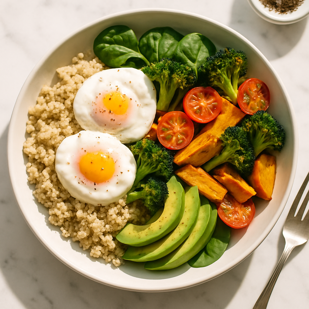 Quinoa Breakfast Bowl with Poached Eggs and Roasted Vegetables