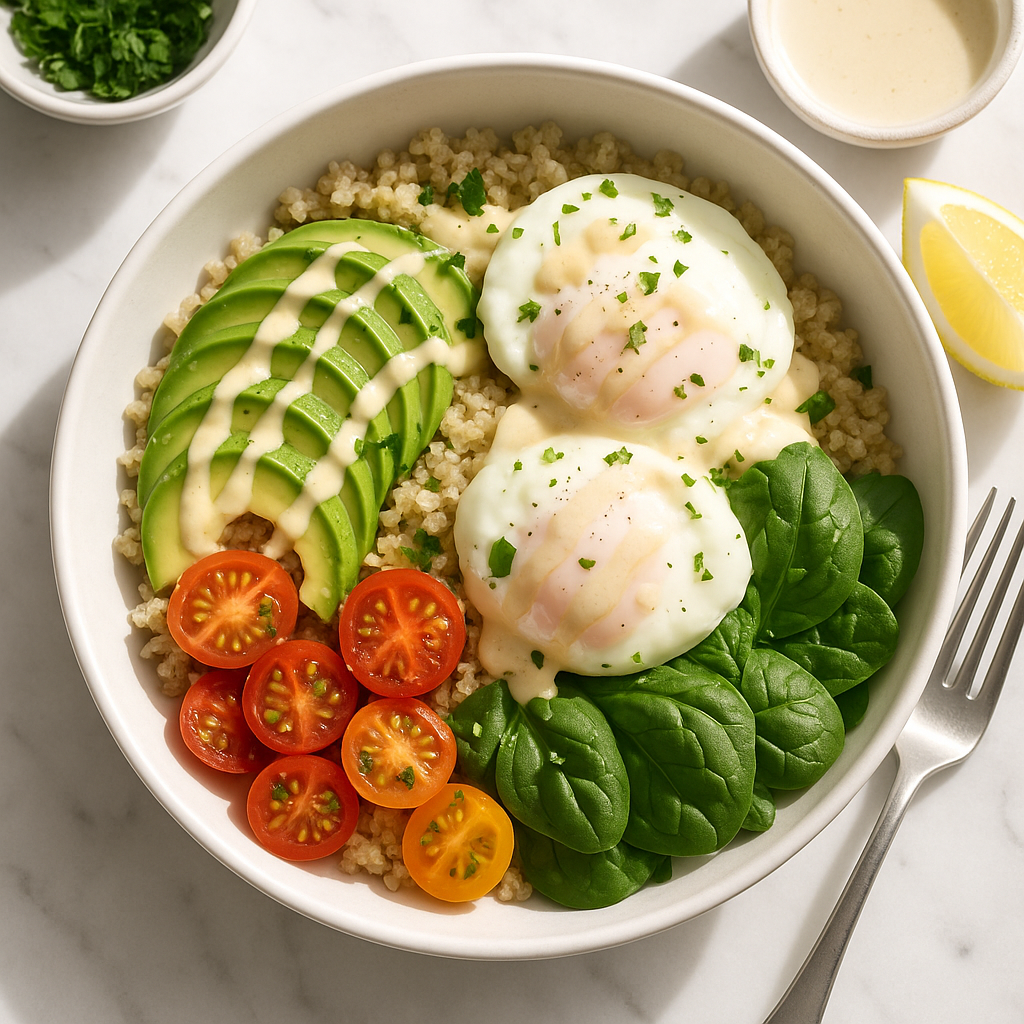 Quinoa Breakfast Bowl with Poached Eggs and Lemon Tahini Drizzle