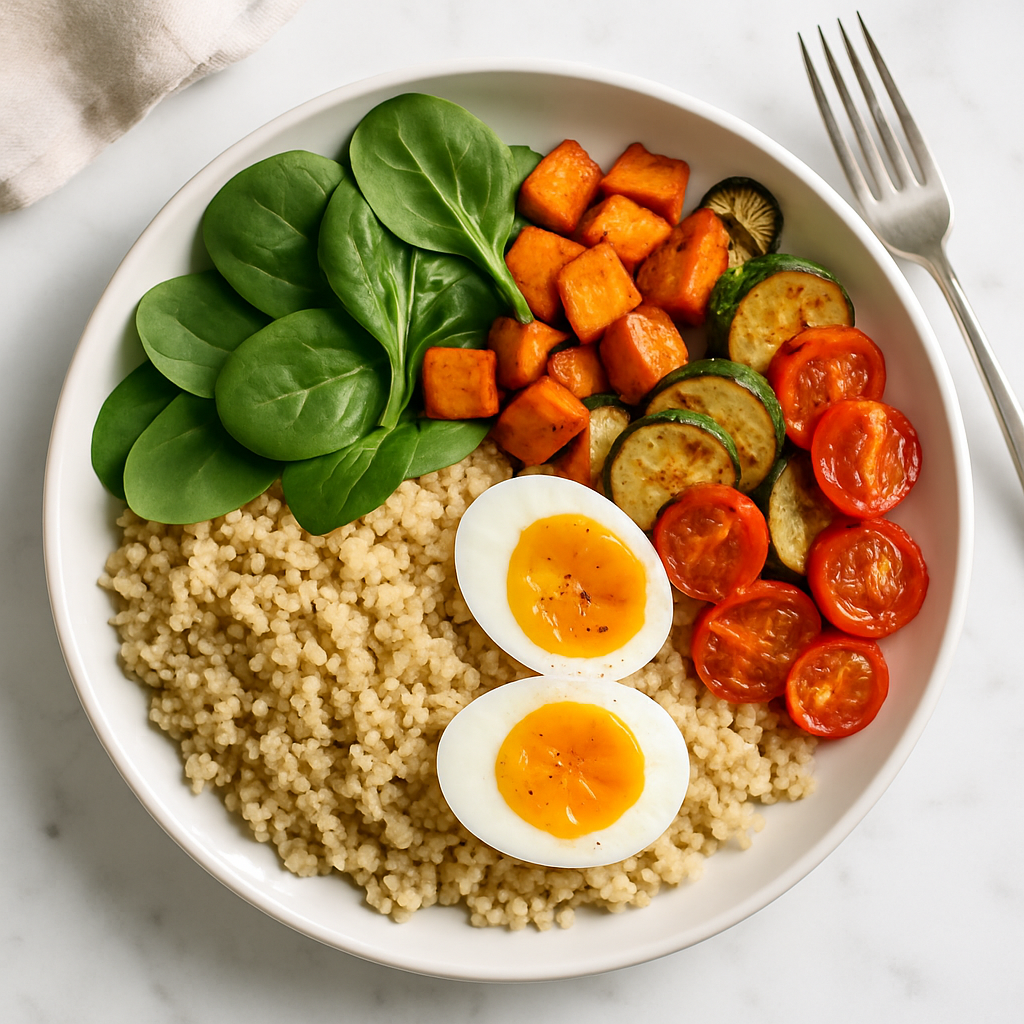 Quinoa Breakfast Bowl with Soft Boiled Eggs and Roasted Vegetables