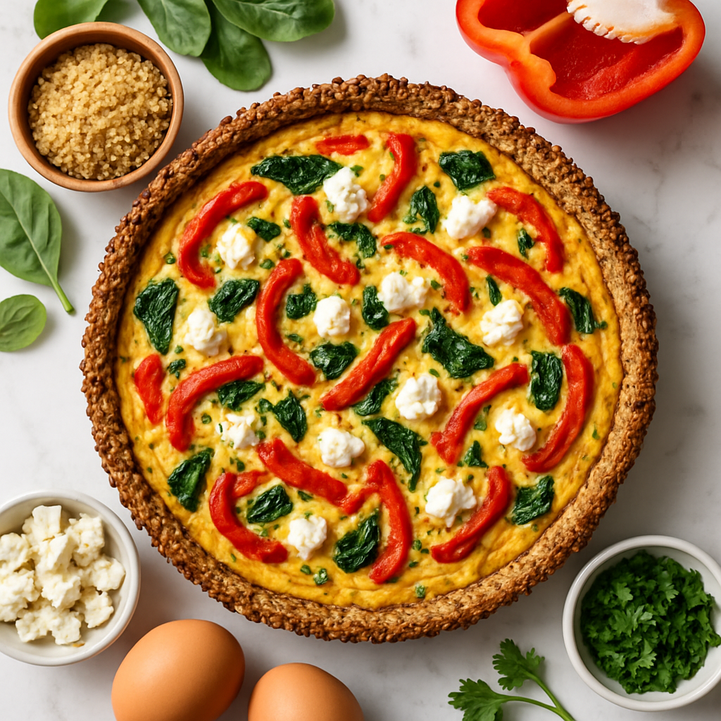 Roasted Red Pepper and Goat Cheese Breakfast Quiche with a Quinoa Crust
