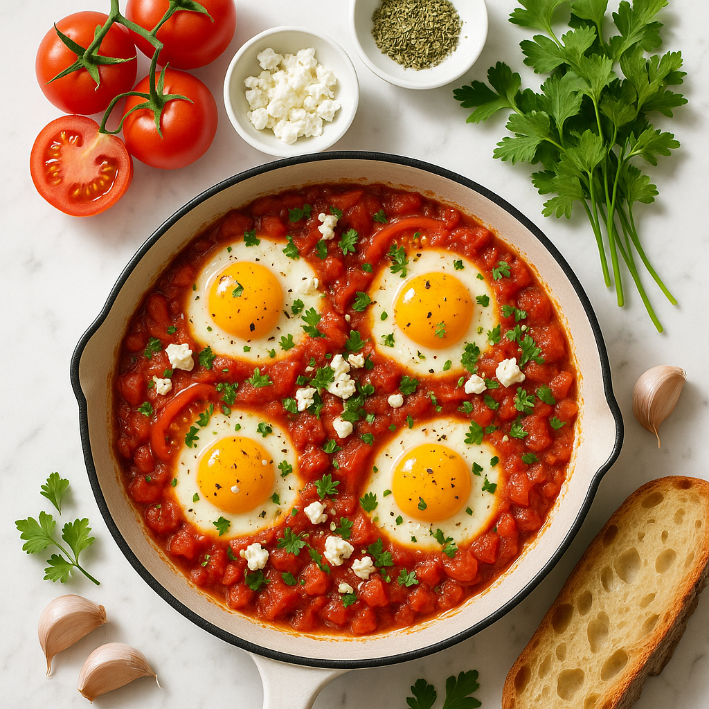 Savory French Baked Eggs in Tomato Sauce with Herbs and Feta