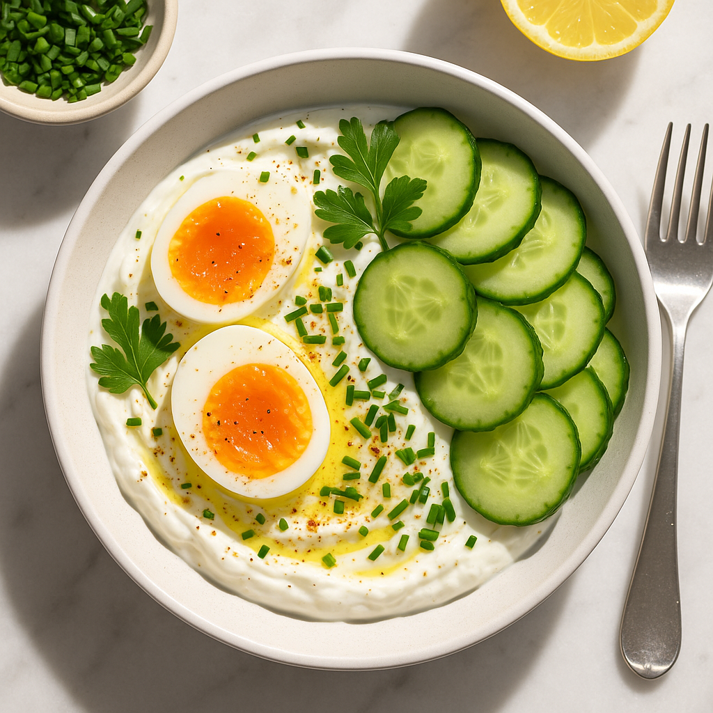 Savory Greek Yogurt Breakfast Bowl with Cucumber and Eggs