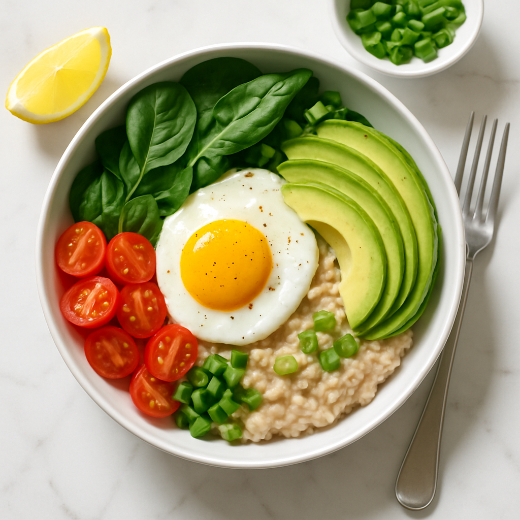 Savory Oatmeal Bowl with Egg and Avocado (High-Protein Breakfast)