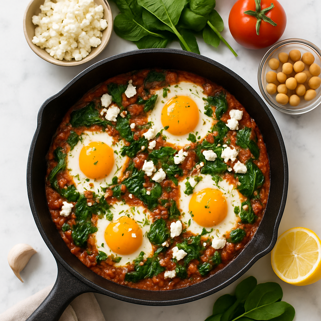 High-Protein Shakshuka Recipe with Feta Cheese and Spinach