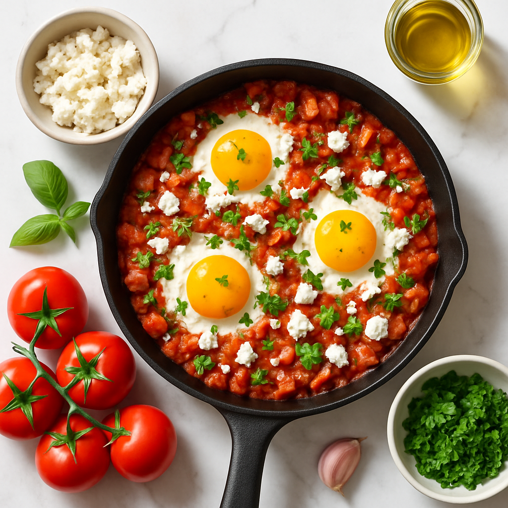 Shakshuka Recipe with Fresh Tomatoes and Feta (High-Protein, Low-Calorie)