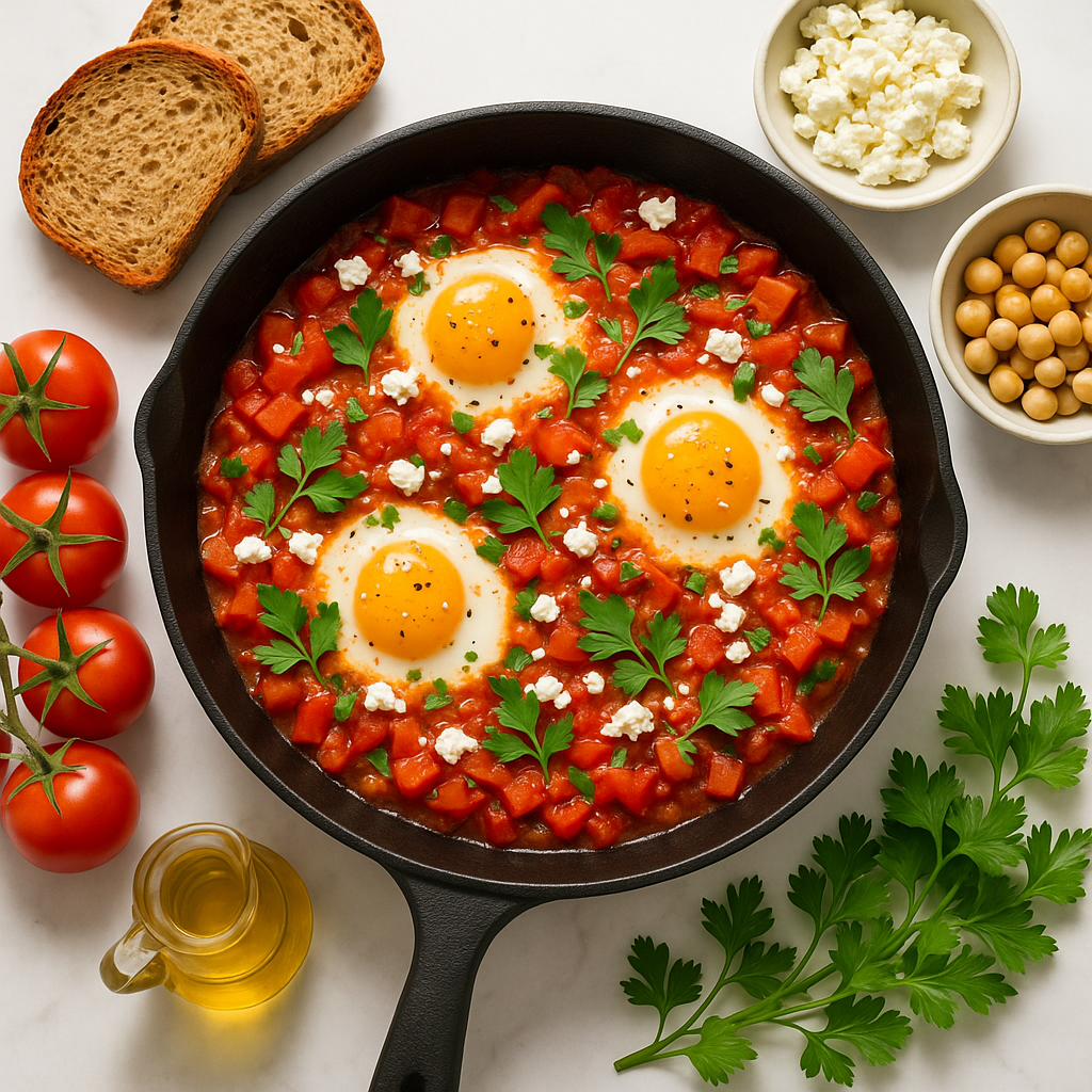 High-Protein Shakshuka Recipe with Tomatoes and Poached Eggs