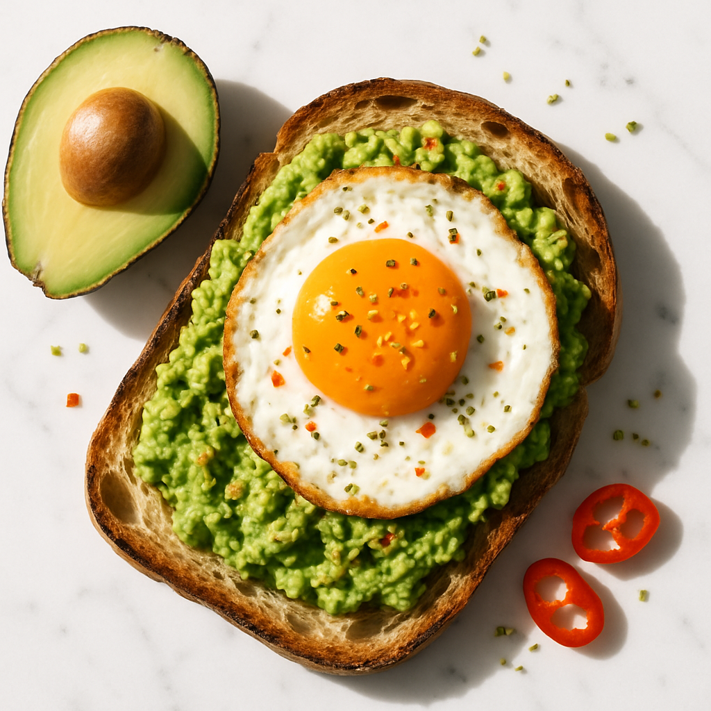 Smashed Avocado and Fried Egg Sourdough Breakfast Sandwich with Chilli and Hemp Seeds