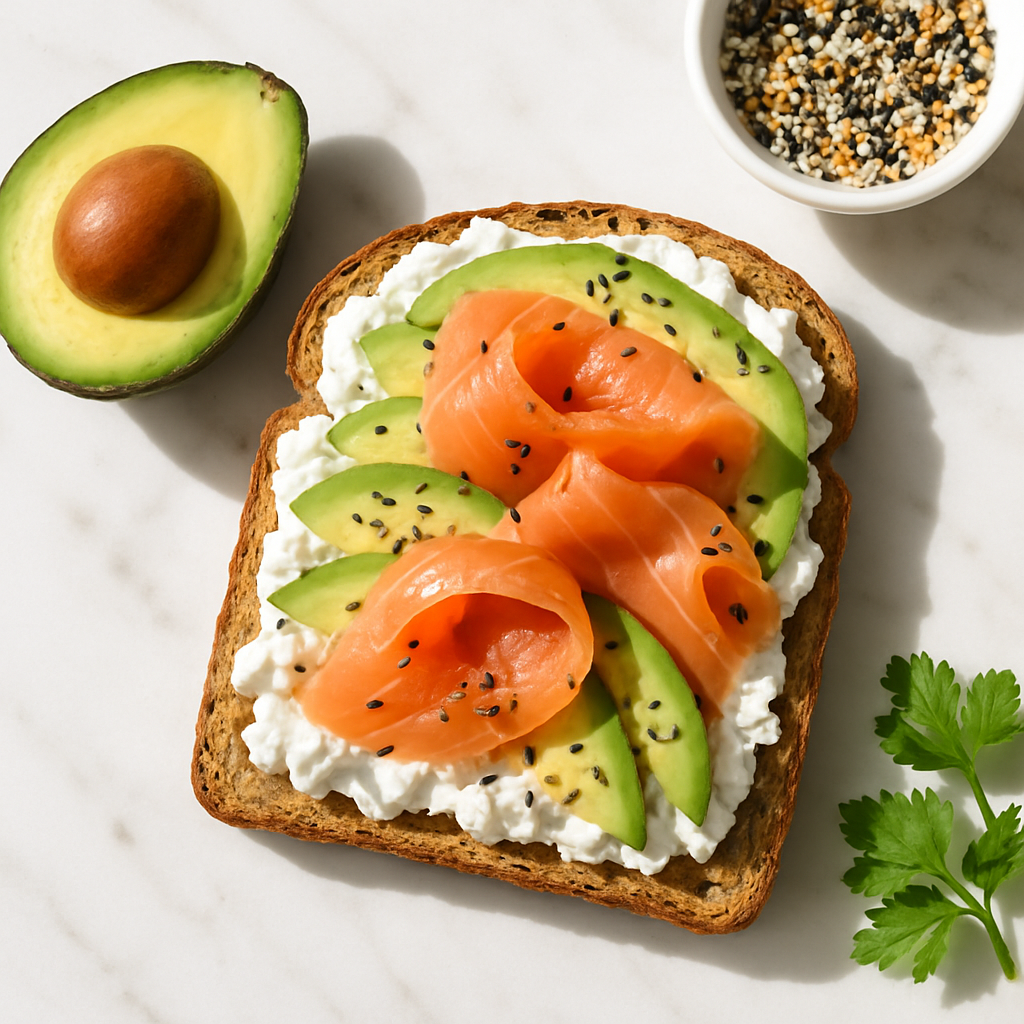 Smoked Salmon Avocado Toast High Protein with Cottage Cheese and Everything Seasoning