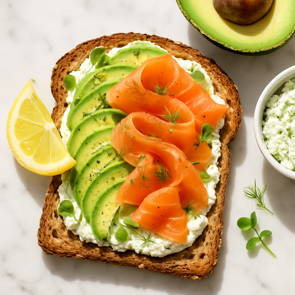 Smoked Salmon Avocado Toast on Whole Grain Bread with Lemon Herb Ricotta