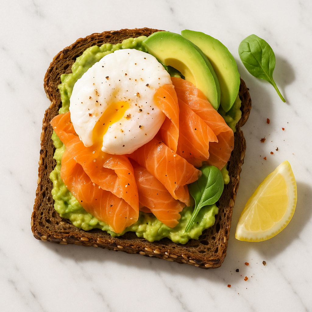 Smoked Salmon Avocado Toast with Poached Egg on Seeded Rye