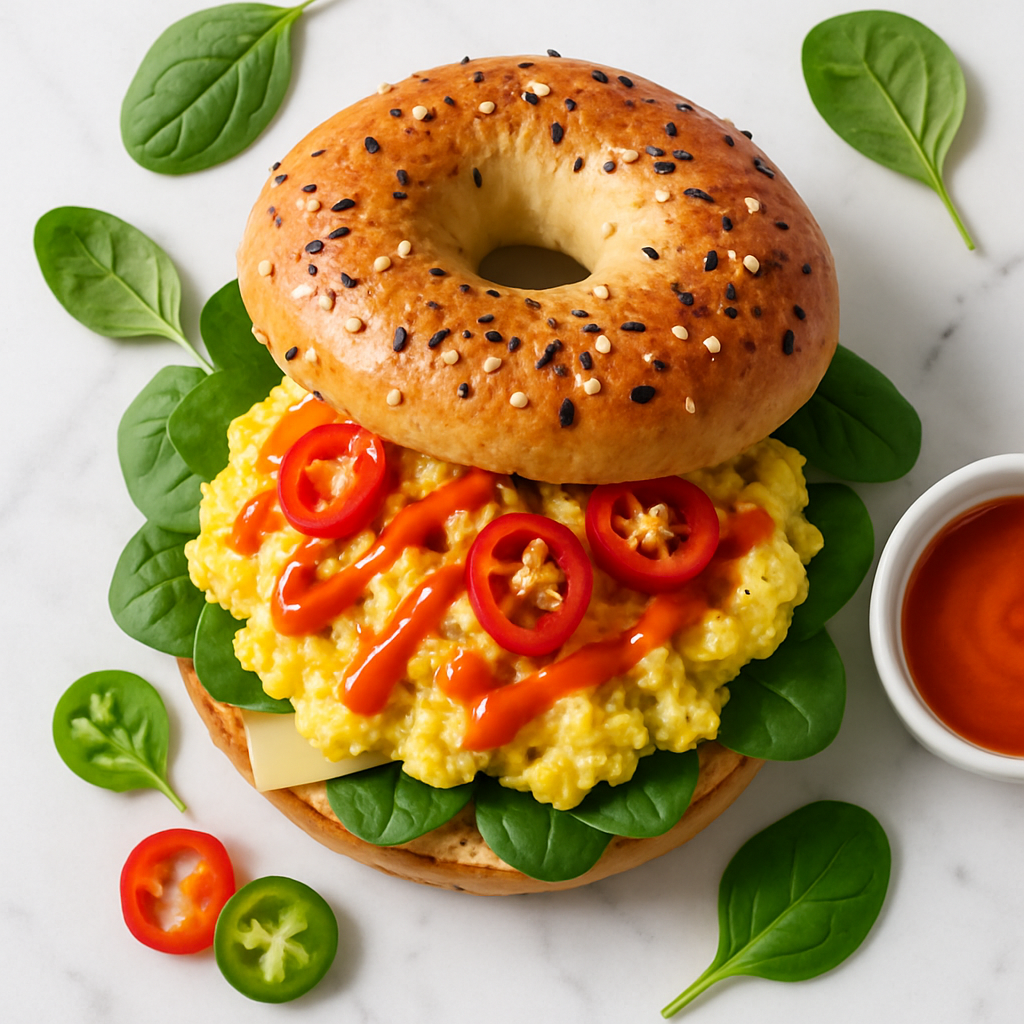 Spicy Sriracha Egg and Cheese Bagel Breakfast Sandwich