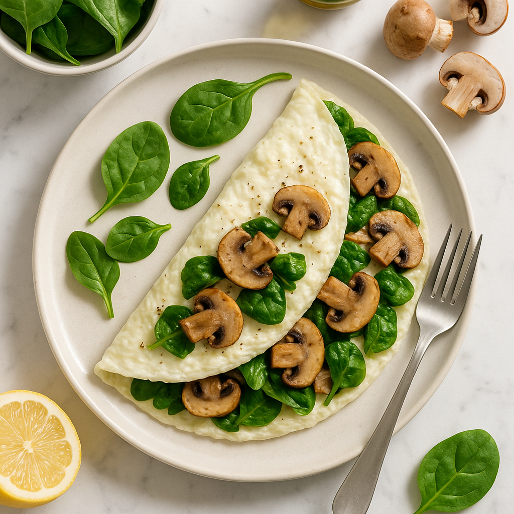 Spinach and Mushroom Egg White Omelette (Low Calorie, High Protein)