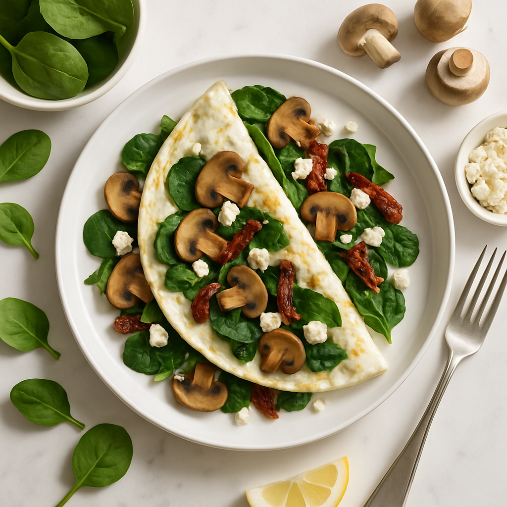 Spinach and Mushroom Egg White Omelette with Feta and Sun-Dried Tomatoes