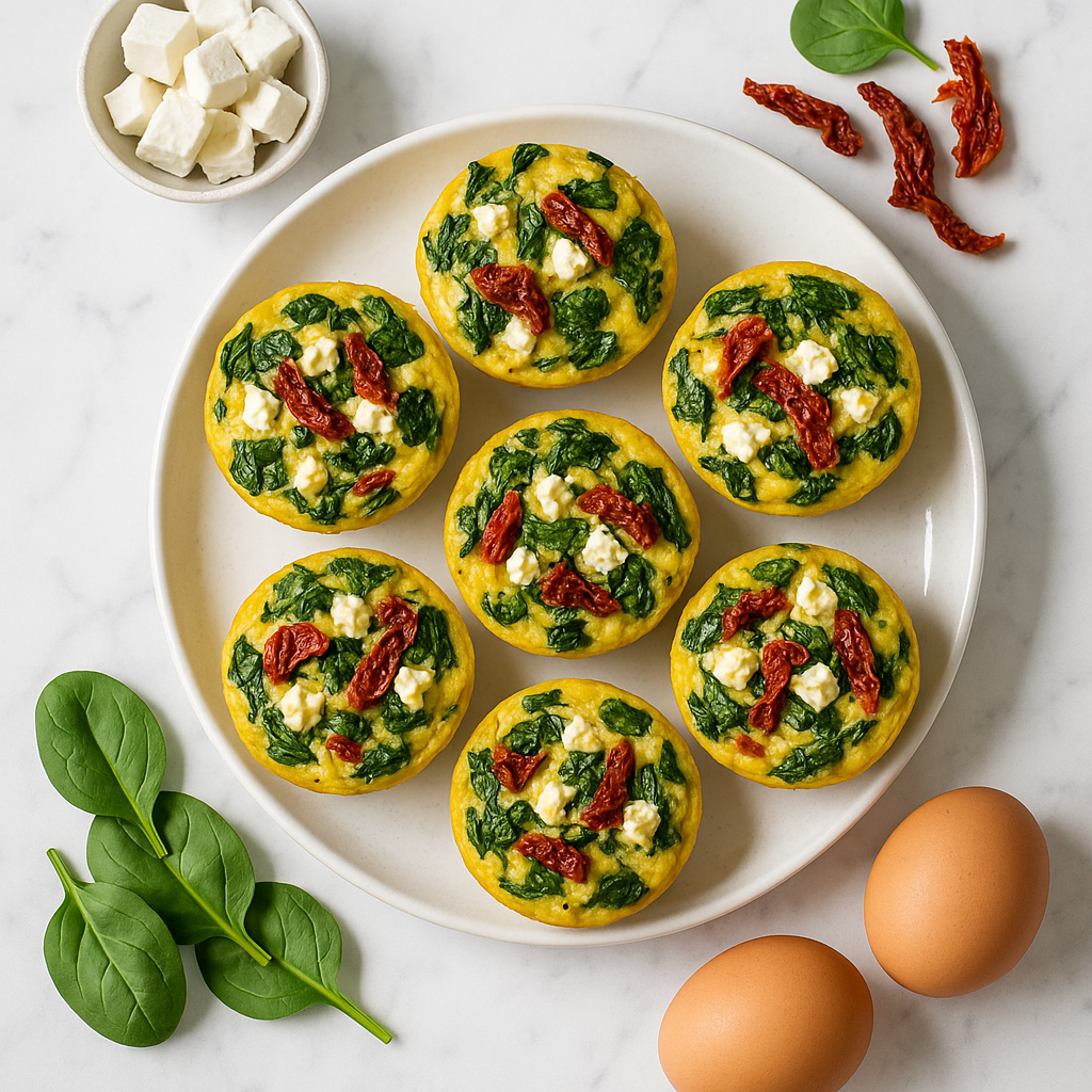 Spinach Egg Breakfast Muffins Low Calorie with Feta and Sun-Dried Tomatoes