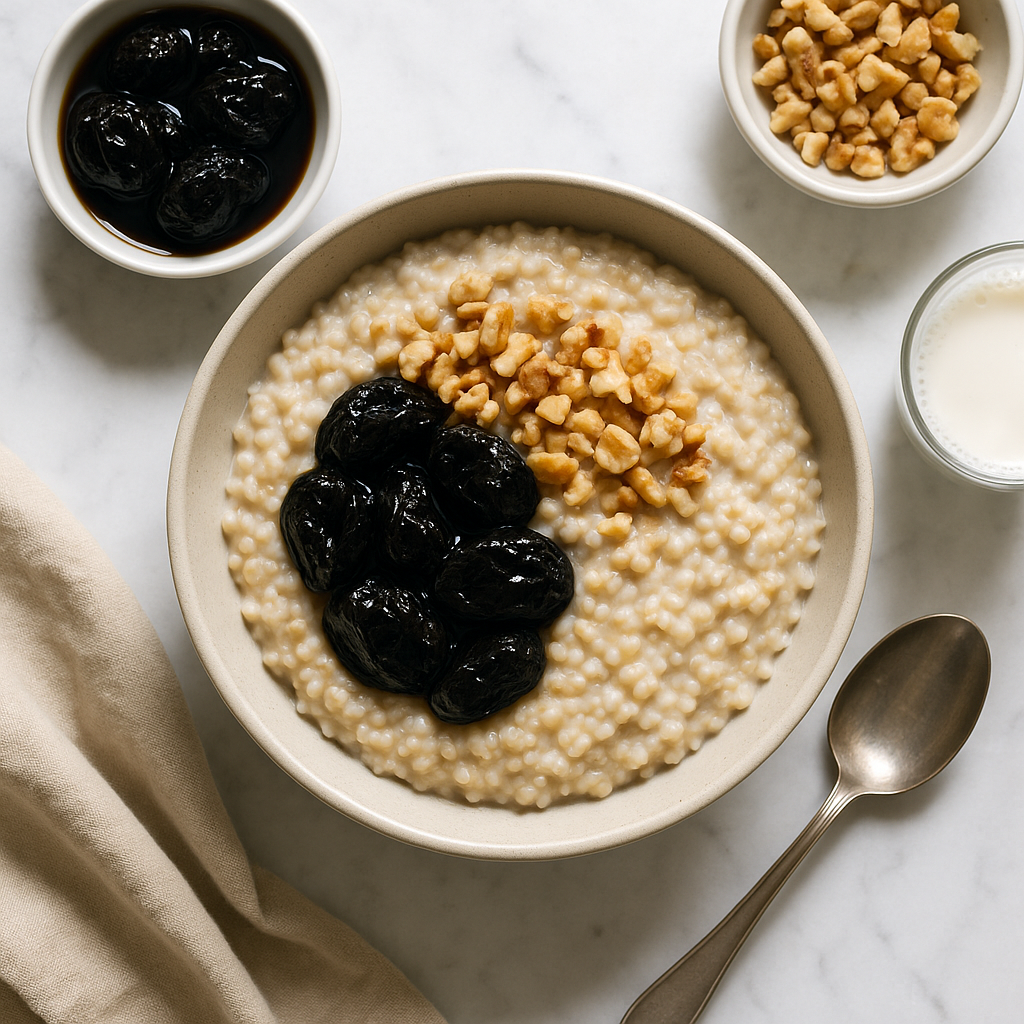 Steel Cut Oatmeal with Walnuts and Stewed Prunes