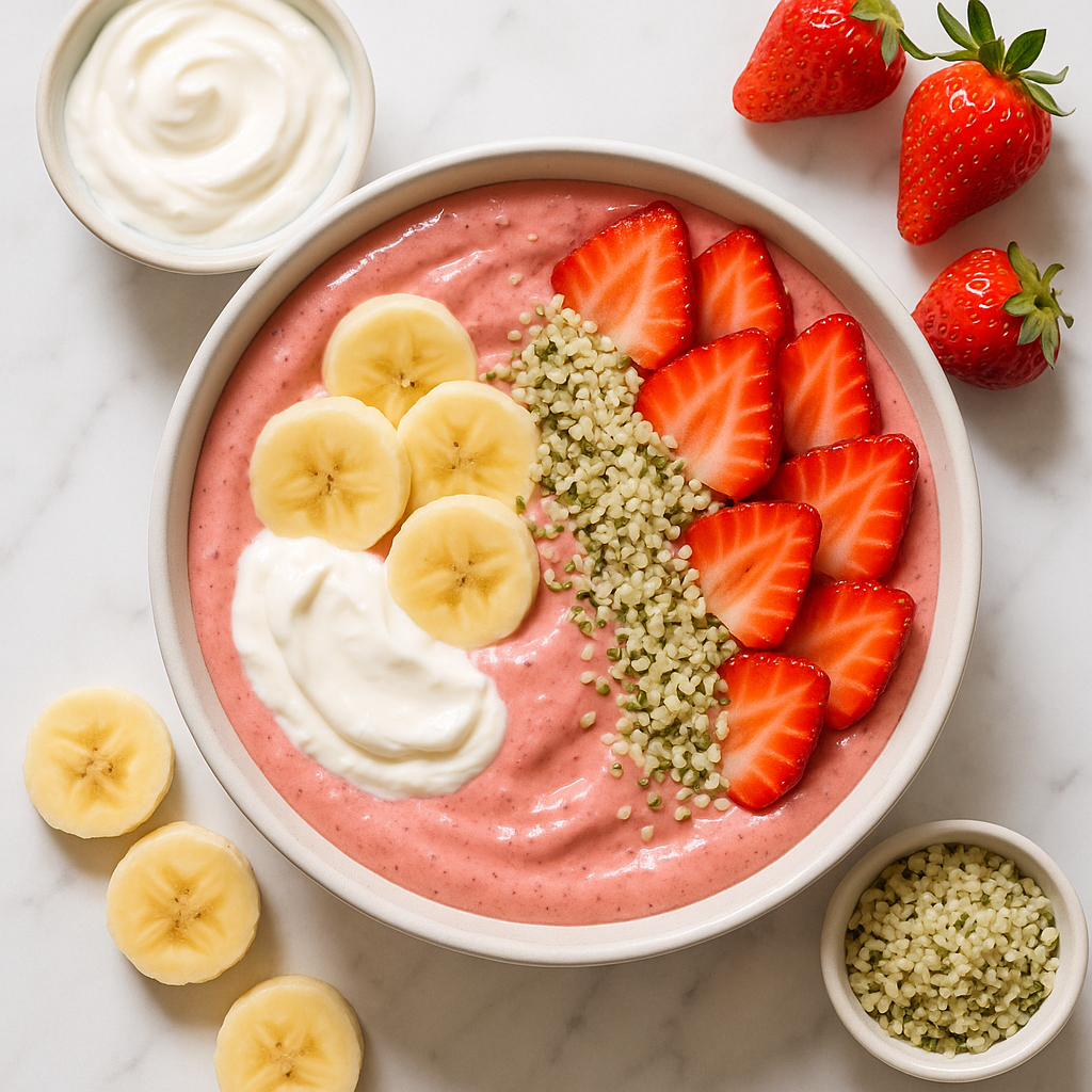 Strawberry Banana Smoothie Bowl High Protein with Greek Yogurt and Hemp Seeds