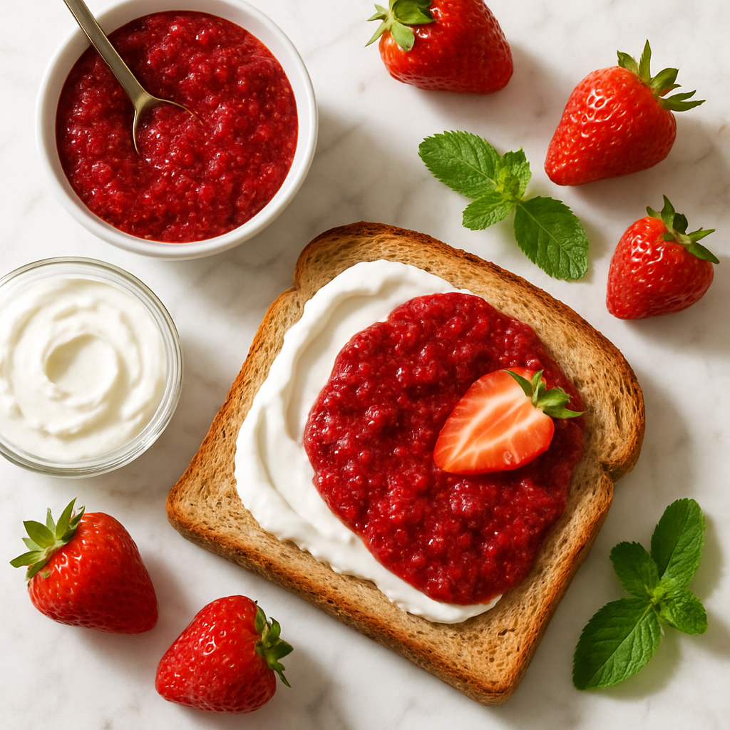 Strawberry Chia Seed Jam on Whole Wheat Toast with Greek Yogurt