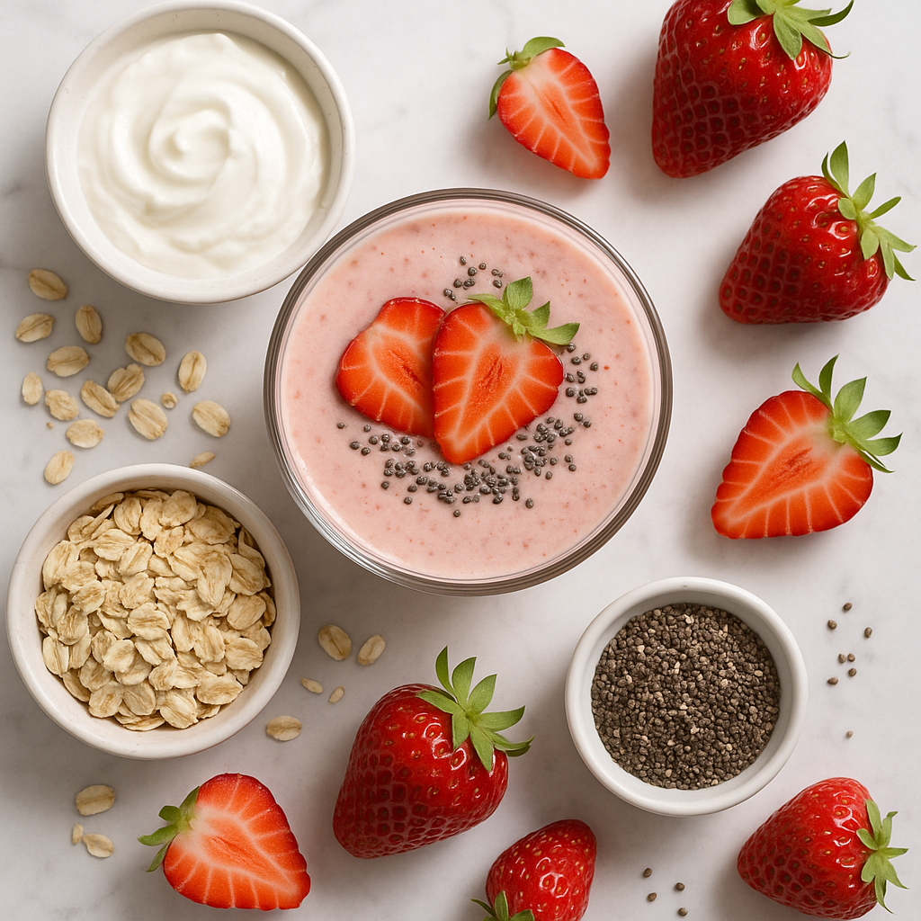 Strawberry Oatmeal Breakfast Smoothie, Filling and Healthy with Greek Yogurt and Chia