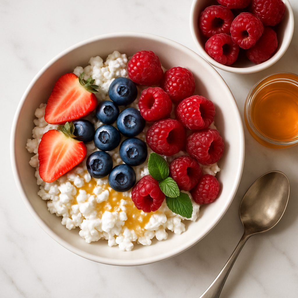 Sweet Cottage Cheese Breakfast Bowl with Berries and Honey