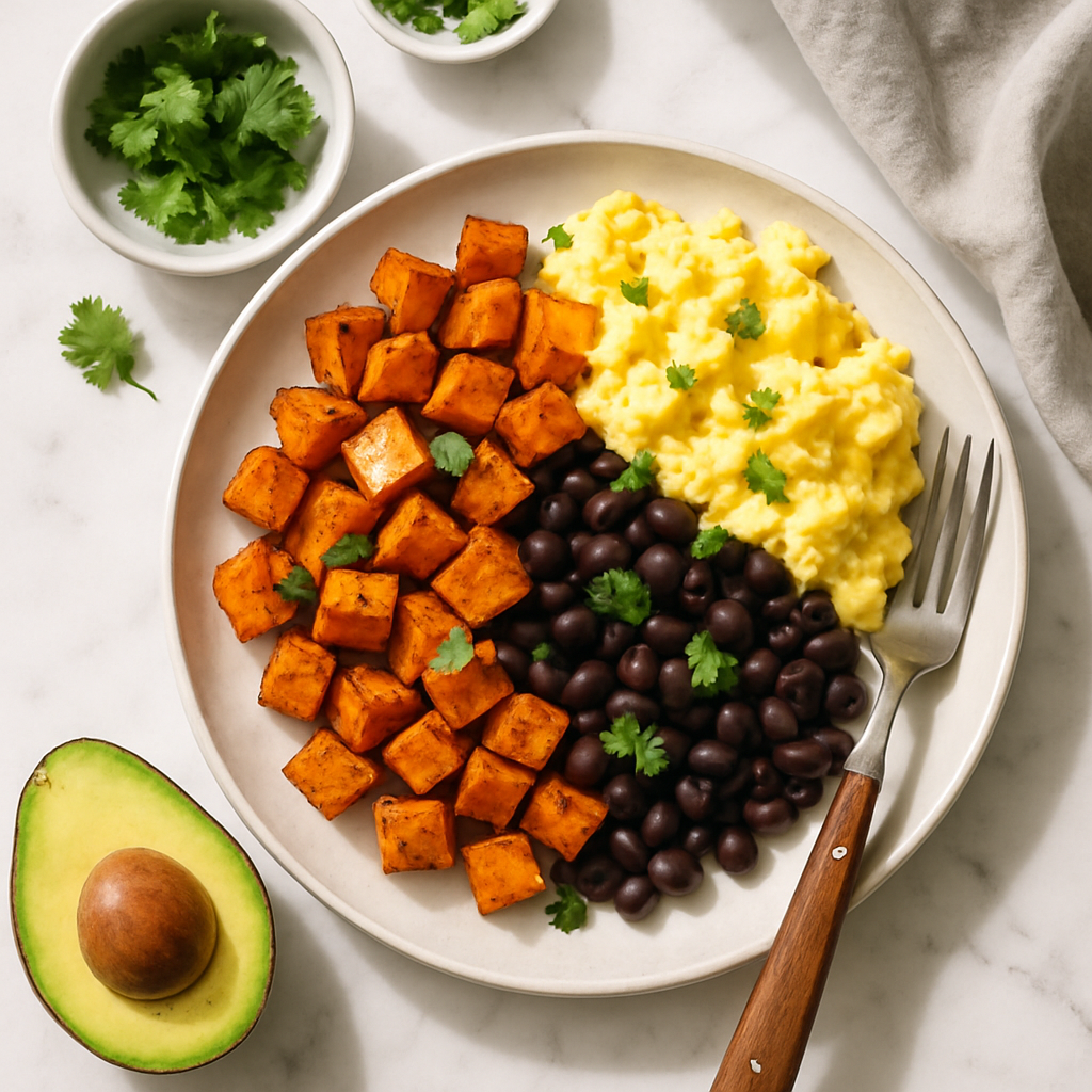 Sweet Potato Hash with Scrambled Eggs and Black Beans