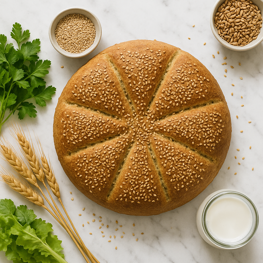 Traditional Balkan Pogaca Bread with Sesame Seeds (High-Protein, Wholegrain)