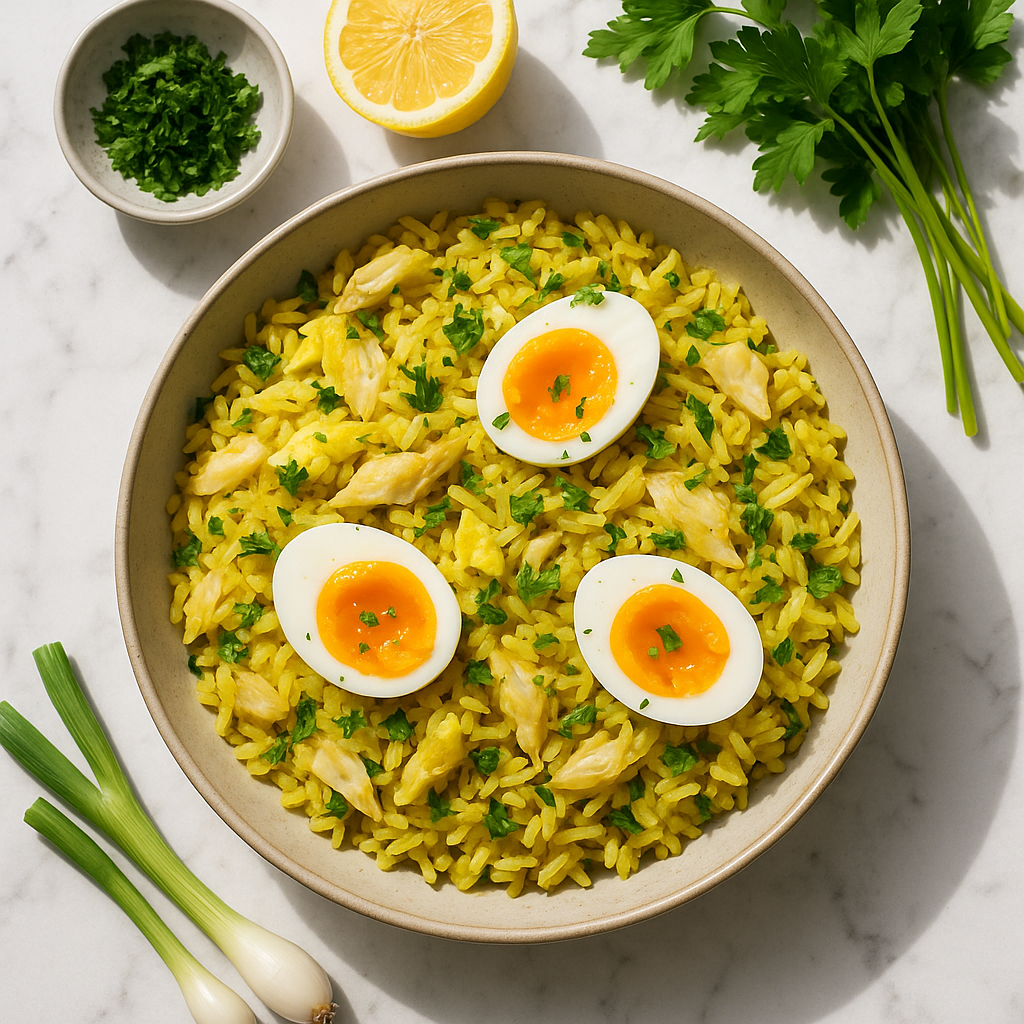 Traditional British Kedgeree with Smoked Haddock and Eggs