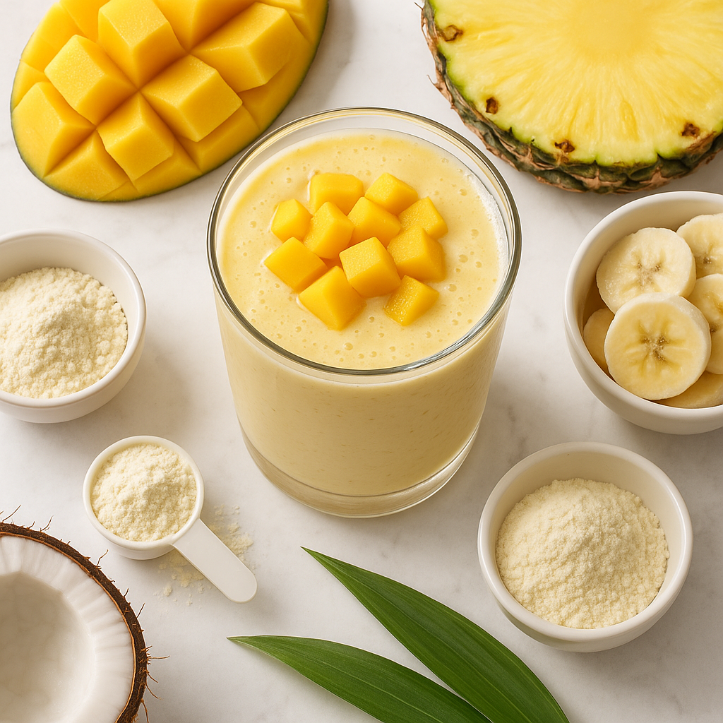 Tropical Pineapple Coconut Milk Smoothie for Breakfast with Mango and Vanilla Protein