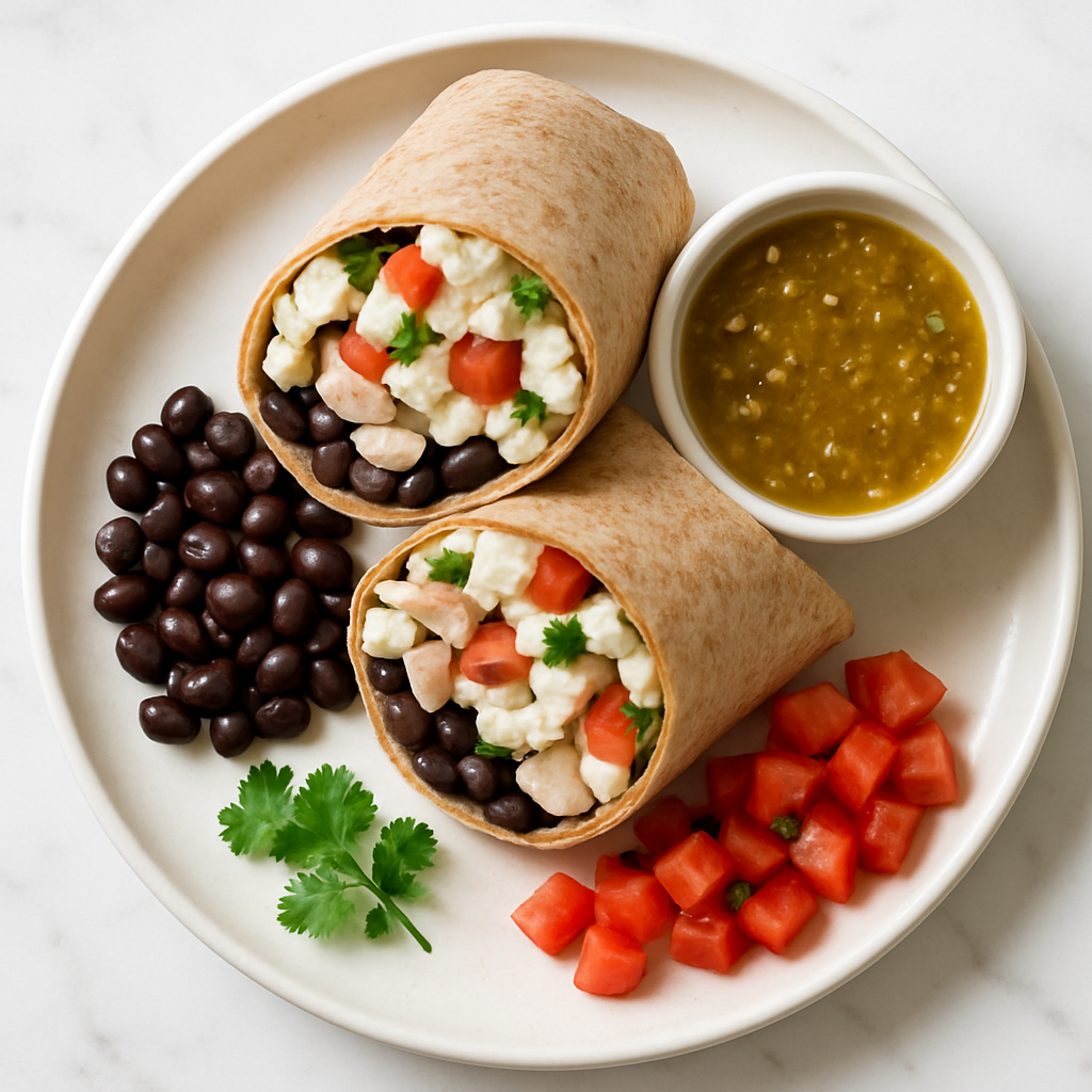 Turkey and Egg White Breakfast Burrito High Protein Wrap with Black Beans and Salsa Verde